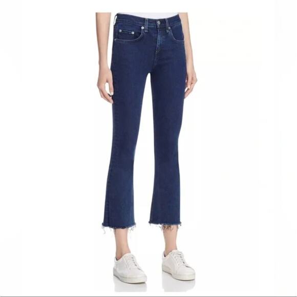 Rag & Bone 10 In Crop Flare DUNE Dark Wash Raw Hem Clean Girl sz 28 Made in USA - Picture 1 of 12